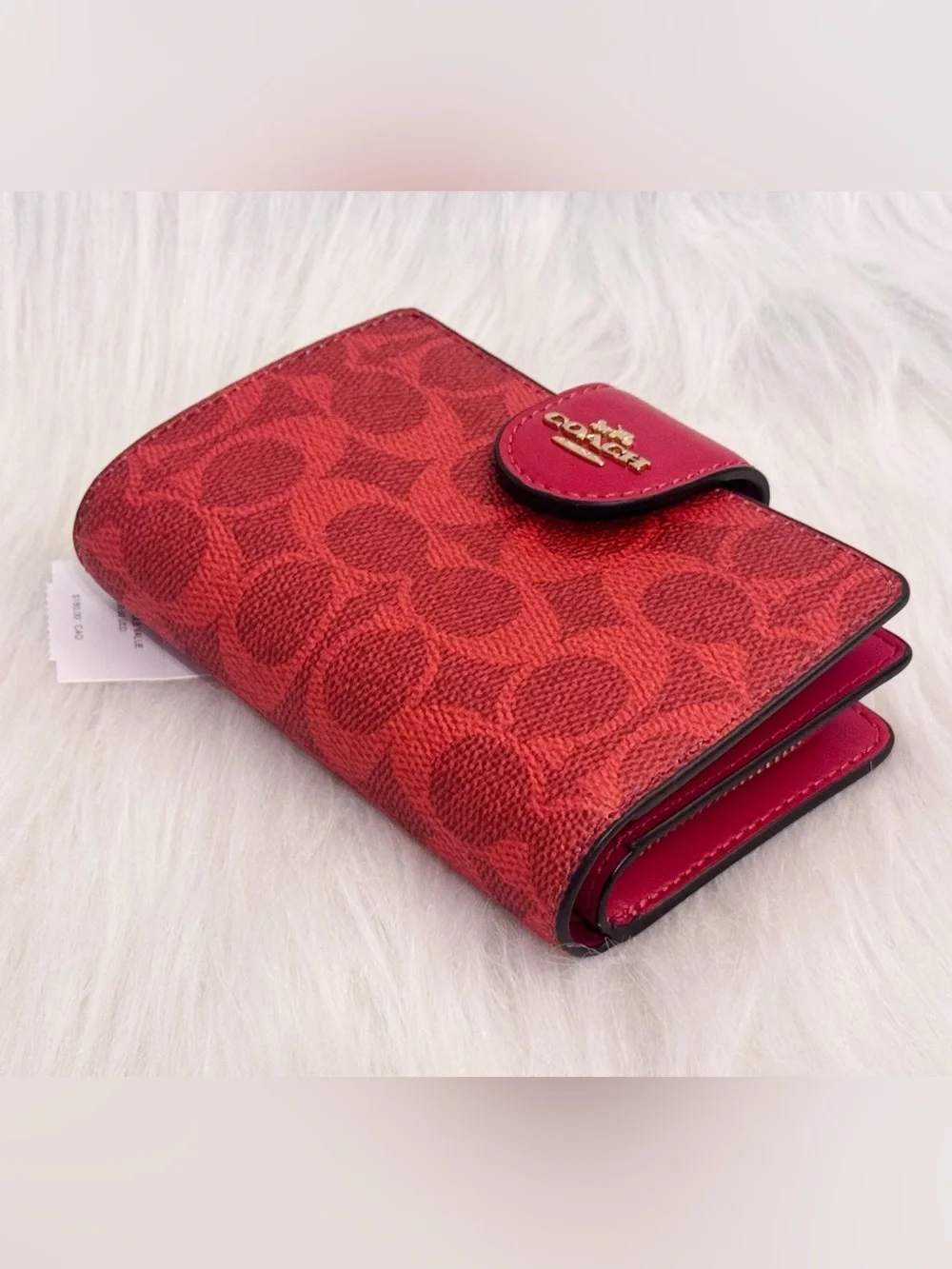 NWT Coach Medium Corner Zip Wallet In Signature Canvas GOLD/CRIMSON CW786